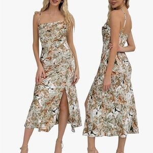 Floral Satin Slip Dress in Multi Green and Brown